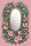 Placeholder: Create an Artwork of a Mirror with ivy and pearls, Like a Logo for a Varasity Jacket, illustration. Colors should be pink and green