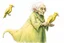 Placeholder: Artist Jean-Baptiste Monge style. A biomorph banana-headed old woman. White eyes. A yellow dotted green furry feathered fluffy dress.