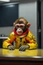 Placeholder: hyper realistic full body red and yellow Space suit little capuchin monkey with glass helmet sitting on a kitchen table, hd, hyper realistic, realistic, textured fur, hdr, photoshop, photography, 4k, 16k, leica, fujifilm