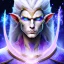 Placeholder: cosmic mage, elf, male, battle mage, cosmic sword, epic, cosmic magic, staff, long ears, white hair, face details, odd-eyes