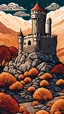 Placeholder: Omani stone castle in an autumn landscape, fine-art four-colour linocut illustration intricate dynamic lighting wallpaper award winning ultra detailed high definition very cute Print zentangle maximalist graceful linocut