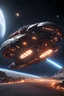 Placeholder: spaceship like raft in space seeming small because far away, tilt-shift lens 8k, high detail, smooth render, looks like a dark twisted alien space ship with spotlights, down-light, unreal engine, prize winning
