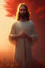 Placeholder: Jesus portrait at dawn by atey ghailan, golden light , white robe, mountains in background, volumetric light, high detail, red leaf trees, art station, perfect