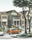 Placeholder: Architectural drawing of an urbanization of two-story houses, streets, trees, people and cars