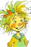 Placeholder: A whimsical colored illustration by Quentin Blake depicting a cute, funny happy 5 year old girl with yellow unkempt hair, wearing tufts of hair high on her head and wearing a bow.