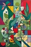 Placeholder: A cubist abstract painting capturing the transformation of medicinal herbs into healing essence. Fragmented geometric forms and overlapping planes depict leaves, roots, and petals merging into energetic, alchemical forms. Bold yet natural colors of greens, reds, purples, and blues dominate, with Kandinsky-inspired abstract shapes and Richard Lindner-style bold outlines. Layered textures suggest resin, watercolor, and dried plant material, evoking a mystical, organic sense of growth and energy.
