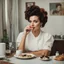 Placeholder: In this image, we see a woman with curlers in her hair, holding a cup of coffee and smoking a cigarette. She appears to be in a relaxed setting, possibly at home. The woman''s face is visible, showcasing her calm expression. In the background, there is a plate of food with someone pouring milk on it. Additionally, there is a ring, a cup, a plate, and a vase scattered around the scene. The colors in the image are primarily earthy tones, with accents of dark brown and white. The overall vibe is co