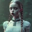 Placeholder: Full body, 3d render,Jenna Ortega, Wednesday addams 1800's women style, 1800's hair style, 1800's women clothes style, hyper realistic, octane render, unreal engine 5, 8k, palace background, uhd