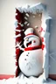 Placeholder: 3d Christmas snowman, bursting out through a wall, plaster texture, white and red, 3d background