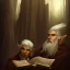 Placeholder: portrait of calm old elf with white hair in brown suit reading a legendary book, fantasy character, somber, gloomy lighting, epic perspective, trending on artstation