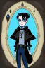 Placeholder: black haired blue eyed young man wizard with gothic jewelry in the style of charles addams