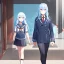 Placeholder: Clear focus, High resolution, long fluffy light blue hair, hair between eyes, long locks, wearing a sailor uniform, wearing a sailor skirt, long black socks, 1girl, cartoon, cute, UNFOTABLE studio, red tie, walking, outside setting