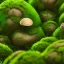 Placeholder: microphotography mushroom growing in a mossy dense lush green woods, high definition, detail, HD, 8k, realistic, 3d rendering, blender, photography, fisheye, bulge, tilt shift blur