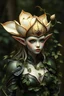 Placeholder: ivory skined flower elf single extra large gold trimmed flower bud top of head tons of vines trailing shoulders with tons of small leaves female blue eyes green leather armour small pointed ears