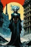 Placeholder: create a highly ethereal, darkly magical surrealist full body portrait illustration of an antediluvian female vampire elder with highly detailed and deeply cut facial features, in the chaotic, shifting, otherworldly landscape of a ruined 18th century PARIS in the comic art style of BILL SIENKIEWICZ, FRANK MILLER, and JEAN GIRAUD MOEBIUS, searing lines and forceful strokes, precisely drawn, boldly inked, darkly colored, negative space