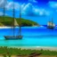 Placeholder: A cerulean blue bay with pirate ships painted by Claude Monet