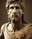 Placeholder: Realistic image, roman sculpture, marble material, Lionel Messi with Laurel wreath model, miguel angel style, God light, god rays, 4k resolution, perfect details, ornate details, soft lighting, unreal engine 5, soft cyan background.