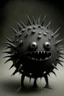 Placeholder: Solid spherical creature, four black eyes, very small smiling mouth, lighting body, The creature is gray iron, without dots, without thorns, wearing worrier shoes, full body, smoke from the head, high details, stunning realistic photograph