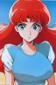 Placeholder: 1girl, retro anime, 80's, redhead,portrait, synth-wave colors, beach