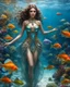 Placeholder: Fullbody excellent pose gorgeous photography art realistic,cinematic realistic colors,soft blur ,natural beauty, of young woman, smiling, beautiful, shiny grey eyes, make up,Queen Persian style, shiny baubles, ornate, large gemstones, shiny molten metalics, shiny wire filigree, brown hair, high definition, Walk in underwater scene teeming with colorful fish nemo, many full fishes swim, and gentle sea turtle