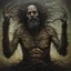 Placeholder: Creepy agonized hairy man starting to transform into another form, kinetic body bending transformation, sinister horror art, by Igor Krstic, eerie dark colors, sinister, hyperdetailed, matte oil painting.