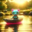 Placeholder: cute blessed chat robot speeding in a fishlike boat in the river,catching a big fish in a river stream, 8k, downlight, soft light, depth of field, photorealism, trending on art station, lotsa detail