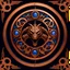 Placeholder: runic sigil showing an engraved cog wheel, completely encircled by a dragon wyrm, material azurite crystal and copper