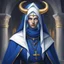 Placeholder: Devil with intense blue eyes and golden horns with long trailing navy blue locks wearing a vivid blue Nun's habit with navy blue scarf white trim and belt and golden necklace background church in the underworld in pencil art style