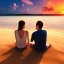 Placeholder: 2 lovers watching the sunset sitting in the sand on a sand island