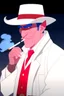 Placeholder: An old male red tiefling wearing a white and blue police comisioner outfit smoking a cig.