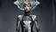 Placeholder: Futuristic steampunk fashion editorial, subtle rococo influences, a slender androgynous model with a pale face, silver abstract nonfigurative tattoos flowing across the face and neck, dark silver and off-white color palette. Wearing an extraordinary long sculptural dress layered over glossy metallic leggings, intricate futuristic steampunk details, elegant mechanical ornaments. Elaborate headpiece combining a decorative hair ornament, rococo hat and futuristic half helmet