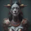 Placeholder: a warrior princess in samurai armor, red tattoo in the face, steam punk, scary, horror, realistic, made in octane, cinematic, movie, CGI, ultra-realistic, extremely detailed octane rendering, 8K, VRAY Super Real ar 2:3, dof photorealistic futuristic 50mm lens hard lighting dark gray tintype photograph, realistic lighting, sephia colors