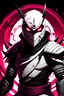 Placeholder: The character, depicted in a striking white armour against a dark wintry backdrop with accents of pink, stands prominently within the scene, accompanied by a red and black circular symbol of significance, a black pointed spear with a red handle. His eyes are showing a dynamic yet menacing expression and he wears a black oni mask with white teeth covering the bottom part of his mouth he has brown shoulder pads and a white karate belt with a bag attached to it. He has dark brown hair, no helmet.