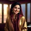 Placeholder: Hyper Realistic Photographic View Of A Gorgeous Pashto Young Woman (Wearing Long Golden Coat With Maroon Dress With Golden Embroidery & Wearing Maroon Scarf On Her Neck) Alone Happily Standing & Giving a Bold Smile & Expressions With Dimples On Her Face; With dimples On Her Cheeks In Her (Black Walled) Office Room With Her Beautiful Long Black Hair With Moonlight Rays Coming From A Fancy Window At Her Back, With A Little Garden View From Outside Window At Dark Night Showing Dramatic & Cinematic