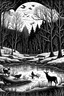 Placeholder: flat vintage winter night scenery with realistic trees, animals, river and plants elegant engraving in black and white