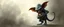 Placeholder: air brush 3d with pen outline, mongrel goblin gremlin holding big big cat monster with blurred shadow outline, charcoal fog border