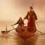 Placeholder: upper bodies of priest & priestess in rowing boat, church half burried in red sand, deadpan, fantasy art, sharp sunlight, spring