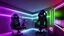 Placeholder: Dark purple and black gaming room with neon lights, gaming chair and PC with RGBs, realistic style, black cat sitting on the chair