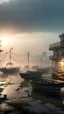 Placeholder: Qaitbay Citadel in Alexandria, fishermen’s boats anchored around it, fishermen putting fishing nets on their boats, fog covering the place, the moment the sun rises