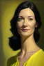 Placeholder: realistic Portrait of a woman in her thirties. she wears a yellow drees and has dark hair. she looks like a politcian