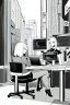 Placeholder: hacker girl use a laptop sitting in a public cafe, line arts, greyscale