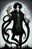 Placeholder: black haired young man necromancer wizard with gothic jewelry and tentacle fingers in the style of H. R. Geiger