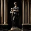 Placeholder: A large black marble statue of a woman holding a baby in her arms, standing among the remains of fallen columns of a Corinthian temple, a very detailed sculpture