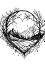 Placeholder: Generate an illustration, outline art , sketch style, mandala style, clean line art, White background, depicting a desolate landscape with a prominently featured broken heart at its center. Convey a sense of emotional pain and solitude through the surroundings. The broken heart should be positioned as a focal point, surrounded by a barren and melancholic environment, no shadows, clear and well outlined