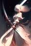 Placeholder: Warrior, wielding a long sword, in a white dress, white hair, short hair, cybernetic eyes, standing in mists, Female, dark art, Ivory Peach skin, cute