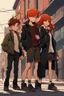 Placeholder: two boys with ginger hair plus a teenage punk girl with dark hair are standing in characteristic book cover-style poses. The big black cat walk with them. They are young amateur detectives. The town street in the background, a mysterious atmosphere