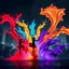 Placeholder: A striking digital composition features dancers melting into spectacular waterfalls of vivid crimson red, electric cyan, radiant gold, and deep violet paint that surge across the frame. The human silhouettes completely dissolve into flowing liquid color against a stark cityscape of concrete buildings and industrial structures under a dark night sky. The explosive paint streams create dramatic arcs and spirals that contrast intensely with the geometric urban environment. High-contrast lighting am