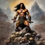 Placeholder: Conan the Barbarian standing on a mountain of Skulls, dark, multicolored watercolor stained wall in the background, oil painting in the art style of Frank Frazetta, 32k UHD, Hyper realistic, photorealistic, realistic, sharp, highly detailed, professional quality, beautiful, awesome, majestic, superb, trending on artstation