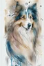 Placeholder: Abstract wet watercolour of a rough collie, ink lines, interlinked circles, detailed,focus on eyes, watercolour paper neg . Closed eyes
