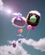 Placeholder: Ultra realistic speed clouds sky scene, wide angle view, sweet childs falling down, inflatable color clothing, free jumping flying, many trinkets, monster head, hair monster, many jelly beans, balls, smile, happy, circus style, extreme, wind, clouds sea, 20,000 feet altitude, stratosphere, soft color, highly detailed, unreal engine 5, ray tracing, RTX, lumen lighting, ultra detail, volumetric lighting, 3d, finely drawn, high definition, high resolution.